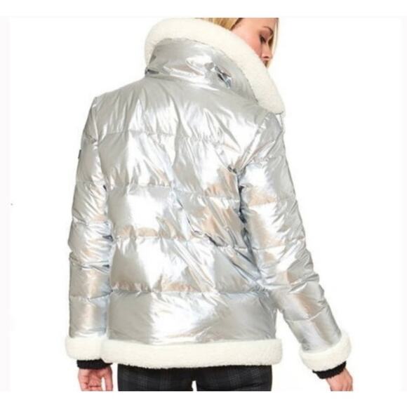 Sanctuary Silver Shine Down Puffer Jacket Cream Shearling Collar Trim Sz Small - Picture 2 of 11